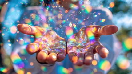 Enchanting Glowing Prism Sprite with Rainbow Light Bokeh and Little Reaching Hands - Modern Fantasy Concept Design