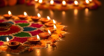 Diwali Celebration Glowing Oil Lamps and Rangoli Art for the Festival of Lights