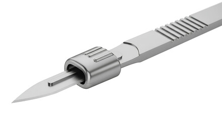 Fototapeta premium A close up of a surgical scalpel with a metal handle and blade against a white background studio shot ai generated