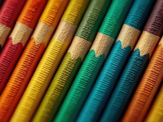Close-up of colorful pencil stripes, macro visual rainbow colors high resolution