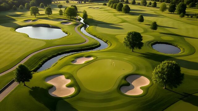 Captivating aerial view of a pristine golf course with winding water features and strategically placed sand traps bathed in golden light.