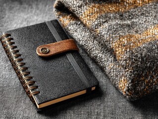 Black notebook and field notes on grey fabric background, web banner with copy space