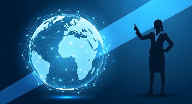 A businesswoman's silhouette points to a glowing, networked digital Earth, symbolizing global business, technology, and future connectivity.