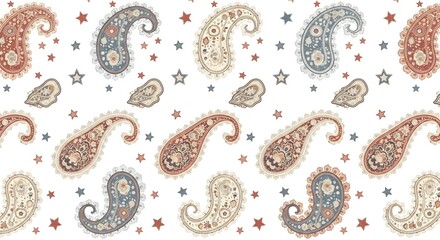 Elegant Paisley Pattern with Stars on White Background Seamless Repeat for Textile Design