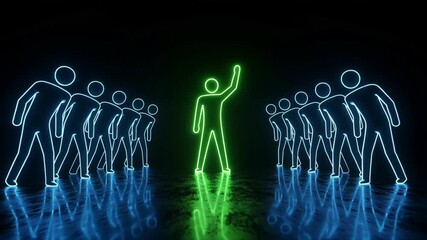 A central green neon figure standing a confidently among blue team figures for vendor management, supplier management