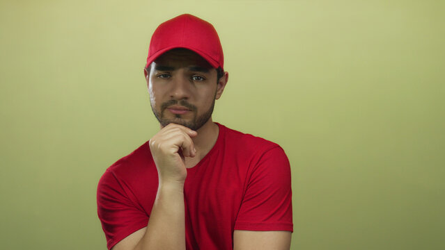 Young hispanic man with beard wearing red cap and red shirt rests hand on chin in studio setting; introspection. - Powered by Adobe