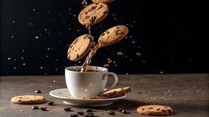 Generated image: A surreal shot of a coffee cup pouring liquid upwards into a floating cookies in zero gravity.
