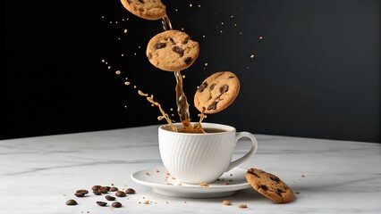Generated image: A surreal shot of a coffee cup pouring liquid upwards into a floating cookies in zero gravity.
