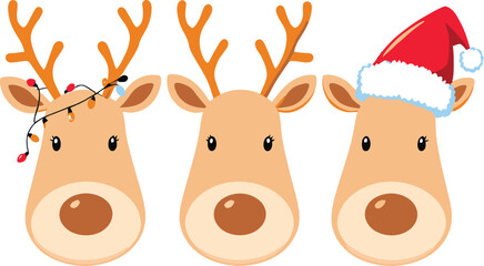 Cartoon reindeer head icon set with Christmas lights, Santa hat, and antlers in festive holiday vector illustration style