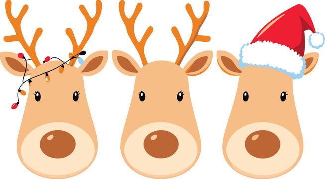 Cartoon reindeer head icon set with Christmas lights, Santa hat, and antlers in festive holiday vector illustration style