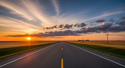 Fototapeta premium Long straight road stretching into the sunset horizon under a dramatic sky.