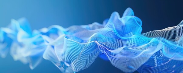 Abstract image of flowing, translucent blue fabric, reminiscent of a wave or smoke, against a blurred blue background.  The fabric's texture is subtly lined, giving a sense of depth and movement
