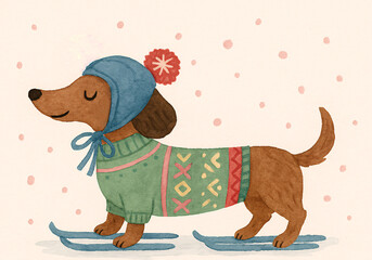 Adorable illustration of a dachshund wearing a cozy patterned sweater and a blue winter hat with a pom-pom while skiing in the snow. Perfect for Christmas cards, winter decor, pet lovers