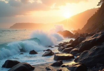 Beach Waves Crashing Against Rocky Shoreline Coastal Scene Ocean Splash Serenity Landscape