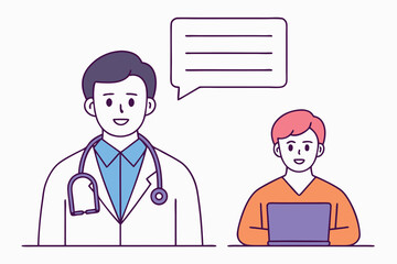A doctor is consulting with a patient who is using a laptop isolated on white background for a telemedicine appointment