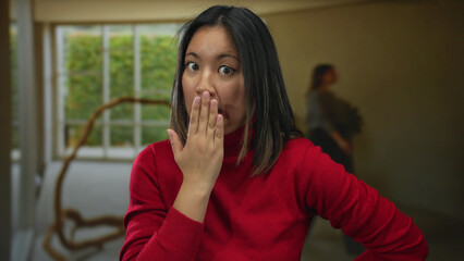 Woman surprising shock expression indoors wearing red sweater hands on face with blurred background indicating indoor room environment.