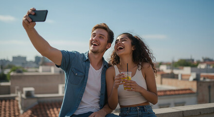 Cheerful young couple making memories with a rooftop selfie and refreshing drinks enjoying city views on a beautiful day perfect for summer fun