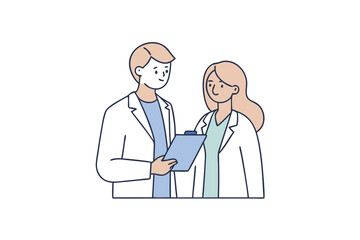 Fototapeta premium Two doctors in white coats are discussing a patients medical history, isolated on white background they are holding a clipboard