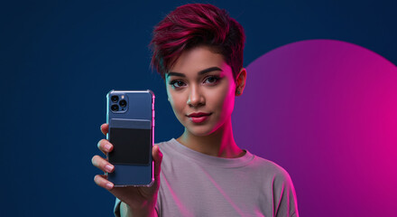 Stylish woman showcasing new phone with card holder against a vibrant backdrop, a modern lifestyle choice for on-the-go convenience and digital payments