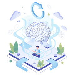 Mind Reboot AI for mental clarity and stress relief, showing a brain and person meditating with a refresh symbol
