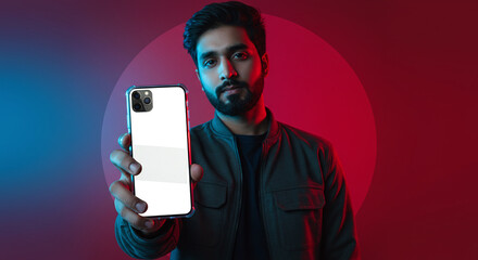 Modern confident man presenting new smartphone app with sleek design and vibrant screen, perfect for showcasing mobile technology and digital lifestyle