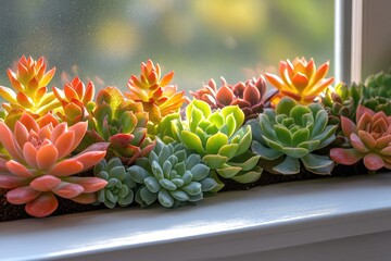 Fototapeta premium A beautiful and colorful arrangement of various succulent plants thriving on a sunlit windowsill, displaying diverse shades of green, orange, and pink.