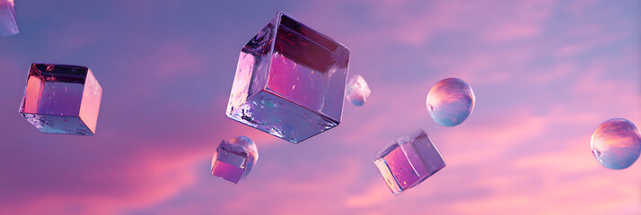 Abstract conceptual image showing translucent, reflective cubes and spheres floating gently against a vibrant, dreamy sunset sky backdrop with pink and purple gradients.