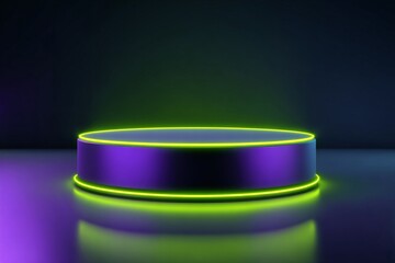 Neon-lit Black Friday sale podium electric purple lime green glowing circular rings cylindrical.