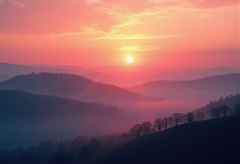 Obraz premium Breathtaking Sunrise Over Misty Hills with Silhouetted Trees Creating a Serene Dawn Landscape