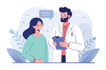 A doctor is consulting with a patient about their health, holding a clipboard and providing medical advice and care