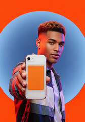 Stylish young man showcasing modern phone with vibrant orange wallet case against a bold colorful backdrop, perfect for trendy tech ads and promotions