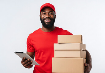 Friendly delivery man with boxes and tablet ready for fast shipping, reflecting modern e-commerce and customer service excellence for your brand