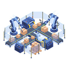 Autonomous Material Handling vector illustration, showcasing warehouse automation, robotics, and logistics in a modern Industry 4.0 factory setting