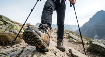 Hikers boots and trekking poles on a rocky mountain trail during an outdoor adventure.