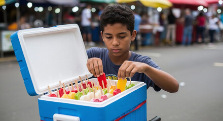 Boy selling colorful fruit popsicles from cooler at lively outdoor market offers a refreshing treat on a hot day, perfect for summertime fun and refreshment