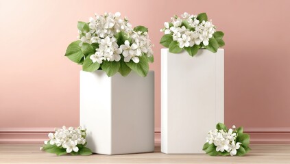 White blossoms adorn elegant, empty white pedestals against a soft pink backdrop.