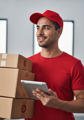 Reliable delivery man with tablet and packages ensuring safe arrival, perfect for e-commerce, logistics, and customer service branding solutions