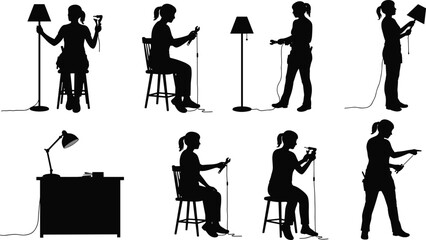 Fototapeta premium Vector illustration of man repairing lamp step by step, DIY assembly process, home improvement, electrician tools, furniture fixing, maintenance guide