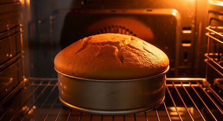 Homemade cake baking in a hot oven.