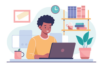 Young man working on laptop at home, freelancer working from home, vector illustration in flat style design, stay at home