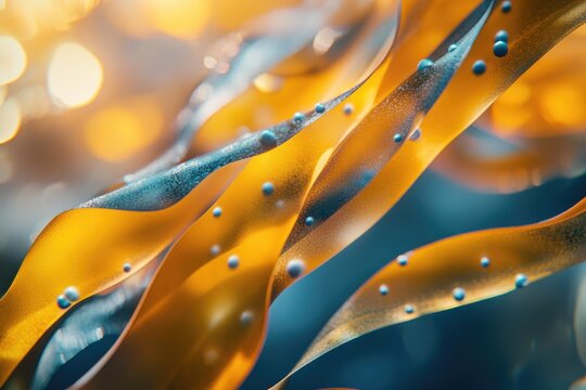 Abstract golden-orange ribbons adorned with blue droplets flow against a shimmering bokeh background, creating a vibrant, dynamic, and fluid art piece. - Powered by Adobe