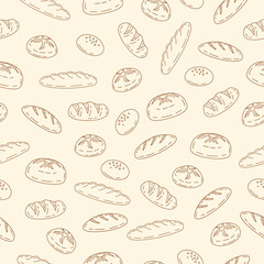 Bread seamless pattern background. Hand drawn bread motif wallpaper. Bakery, bake shop backdrop or food wrapper