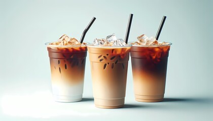 Trio of Refreshing Iced Coffees in Takeaway Cups
