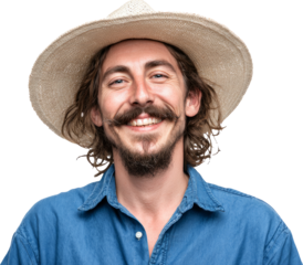 Happy young man with big mustache and hat smiling in blue shirt