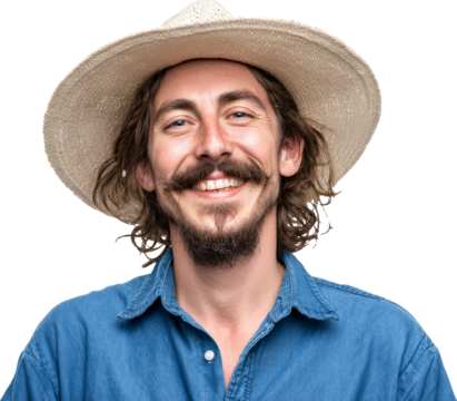 Happy young man with big mustache and hat smiling in blue shirt