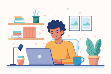 Man working on laptop at home office with books, plant and lamp, remote worker, freelancer, student, vector illustration