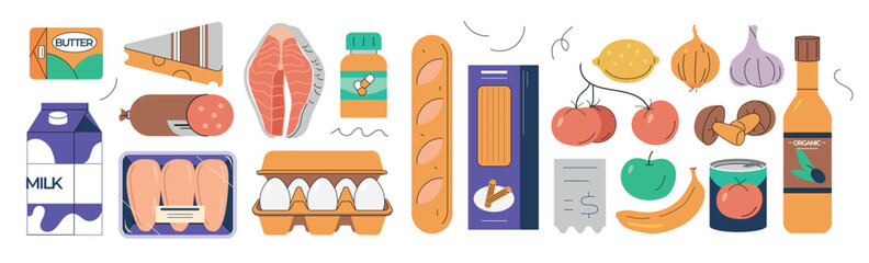 Vector illustration of grocery food set. Milk, butter, cheese, meat, chicken, eggs, pasta, bread, vegetables, fruits, olive oil. Healthy organic products for shopping, market, cooking design.