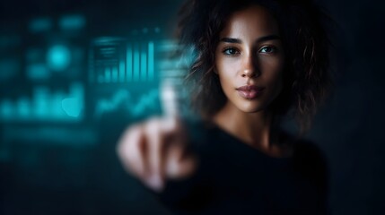 A woman interacts with a futuristic digital interface displaying charts and data
