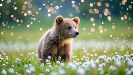 Fototapeta premium A Young Brown Bear Cub Amidst a Field of Delicate White Flowers, Illuminated by Sparkling Dust Motes in the Air