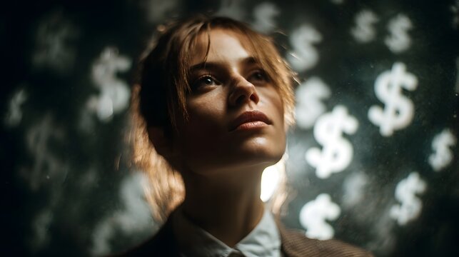Thoughtful woman looks up amidst glowing dollar signs symbolizing financial ambition and wealth - Powered by Adobe